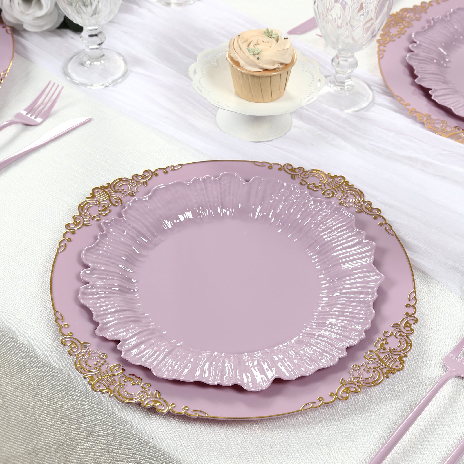 Lavender lilac disposable dinner plates with elegant design for parties.
