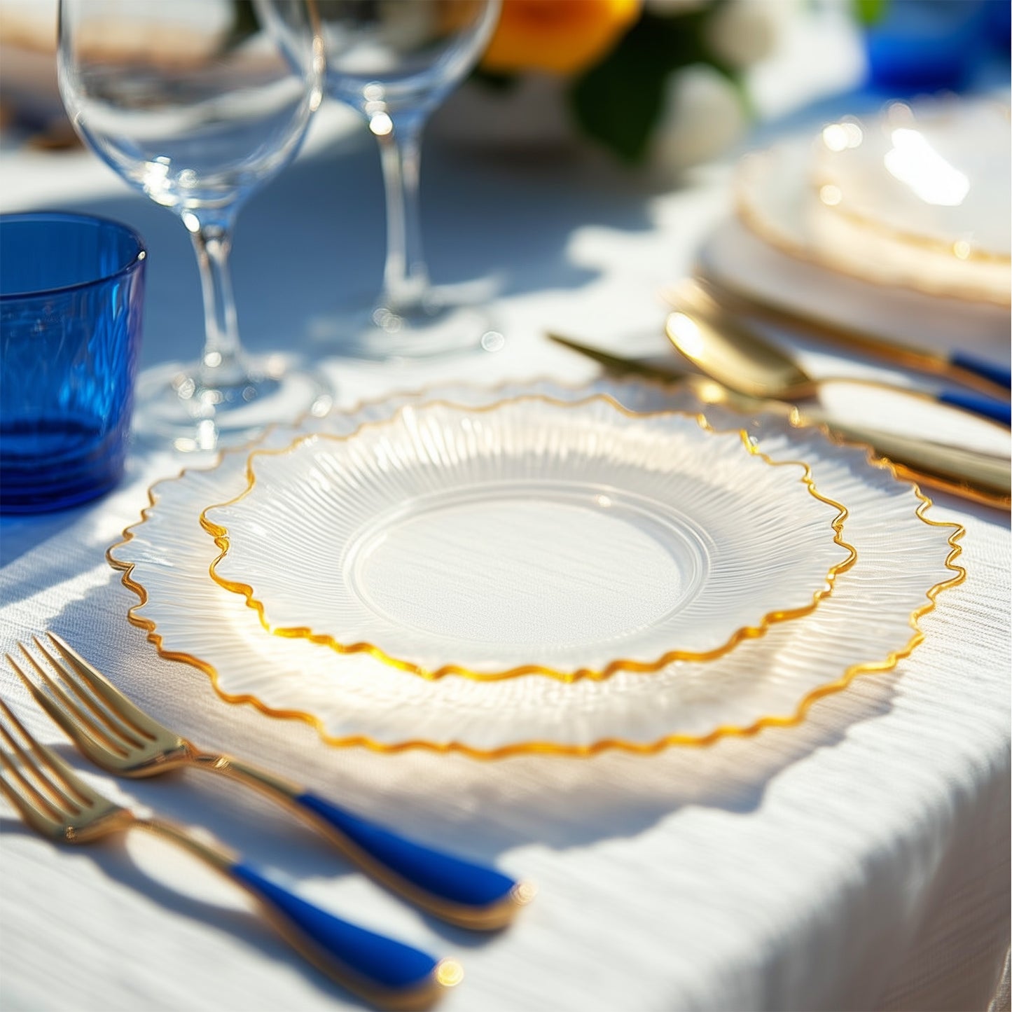 20 Pack 7" Plastic Dessert Plates – Clear Reef Design with Gold Rim, Appetizer and Salad Party Plates – Elegant Disposable Tableware