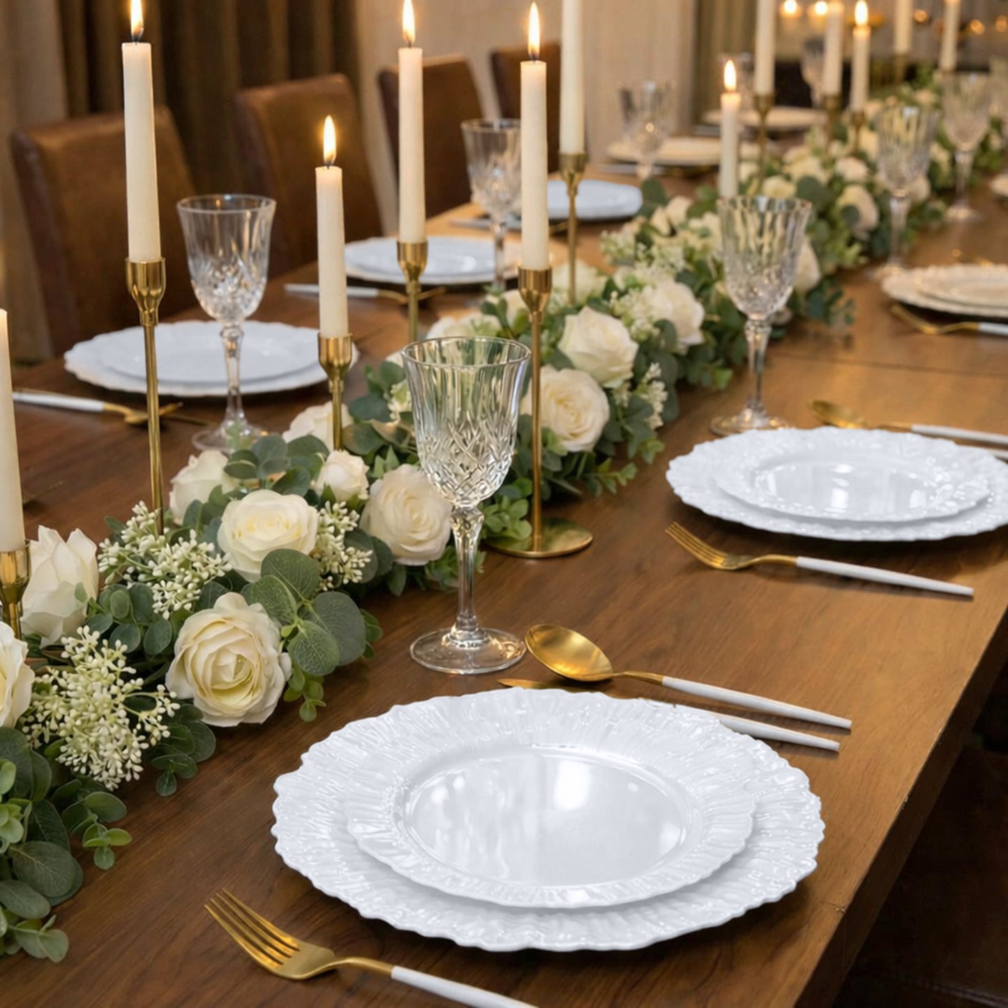 Pearl white dessert plates on an elegant dining table setting.