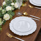Pearl white reef design disposable dessert plates on a wooden table setting.