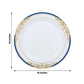White plastic dinner plate with royal blue rim and gold vine design.