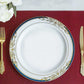 White dinner plate with royal blue rim and gold vine design.