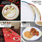 White appetizer plates with red rim and gold vine design.