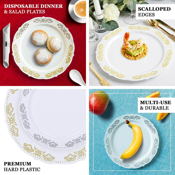 Gold embossed white plastic dinner plates with scalloped edges, 10-pack.