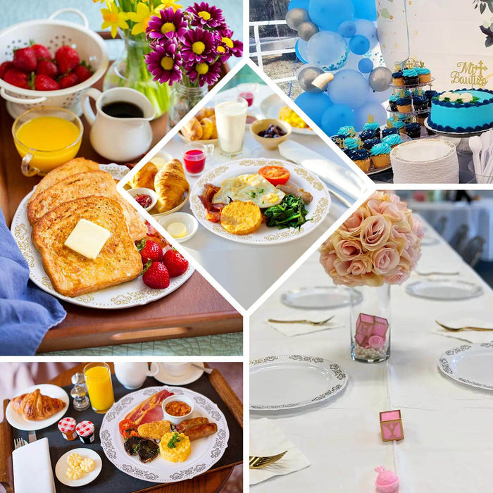 10 Pack | 7.5" Gold Embossed Hard Plastic Dessert Appetizer Plates, Disposable Round Salad Plates With Scalloped Edges