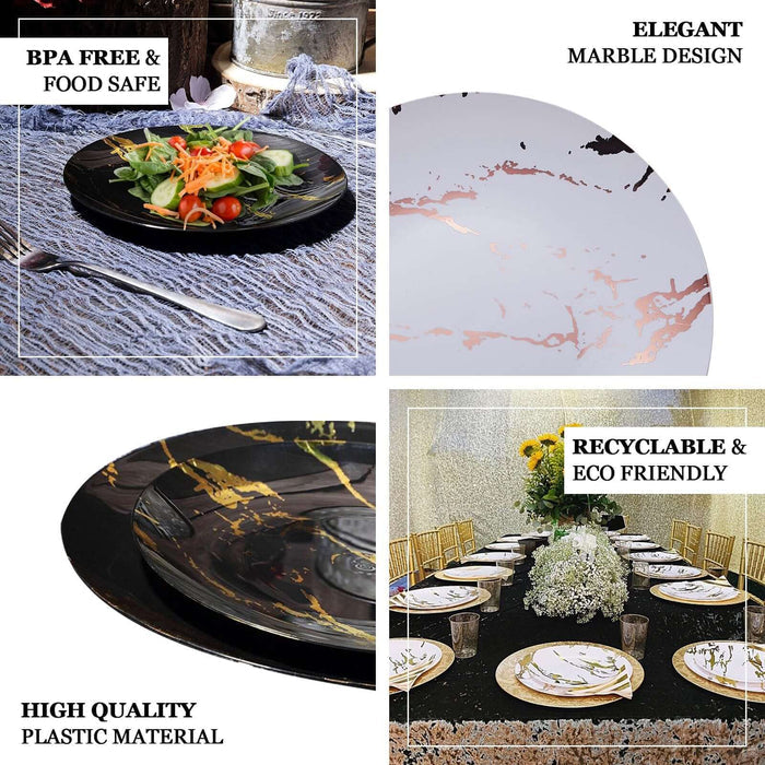 10 Pack | 10" Gold and Clear Marble Print Plastic Dinner Party Plates, Disposable Plates