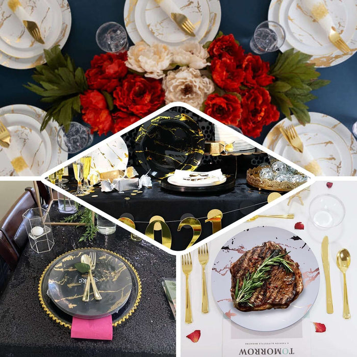 10 Pack | 10" Gold and White Marble Print Plastic Dinner Party Plates, Disposable Plates