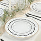 10-Pack Plastic 10" Round Dinner Plates in Clear with Black Scalloped Rim - Disposable Party Plates