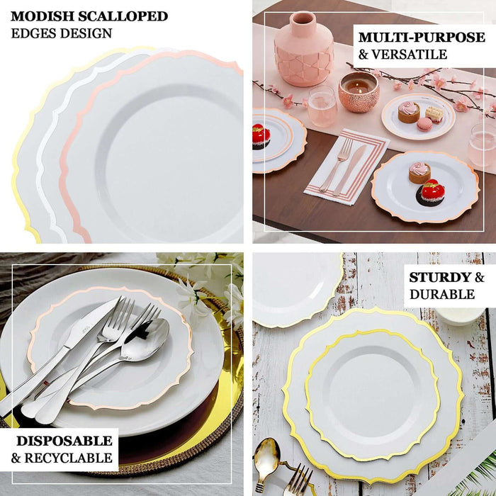 10 Pack | 10" White Plastic Dinner Plates Disposable Tableware Round With Gold Scalloped Rim