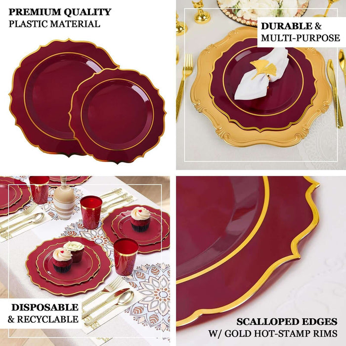 10 Pack | 8" Burgundy Plastic Dessert Salad Plates, Disposable Tableware Round With Gold Scalloped Rim