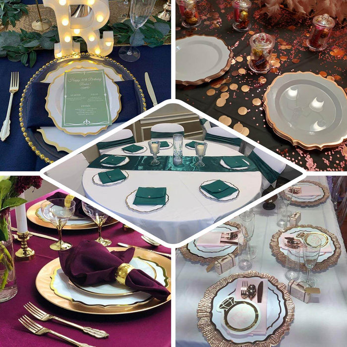 10 Pack | 8" Hunter Emerald Green Plastic Dessert Salad Plates, Disposable Tableware Round With Gold Scalloped Rim