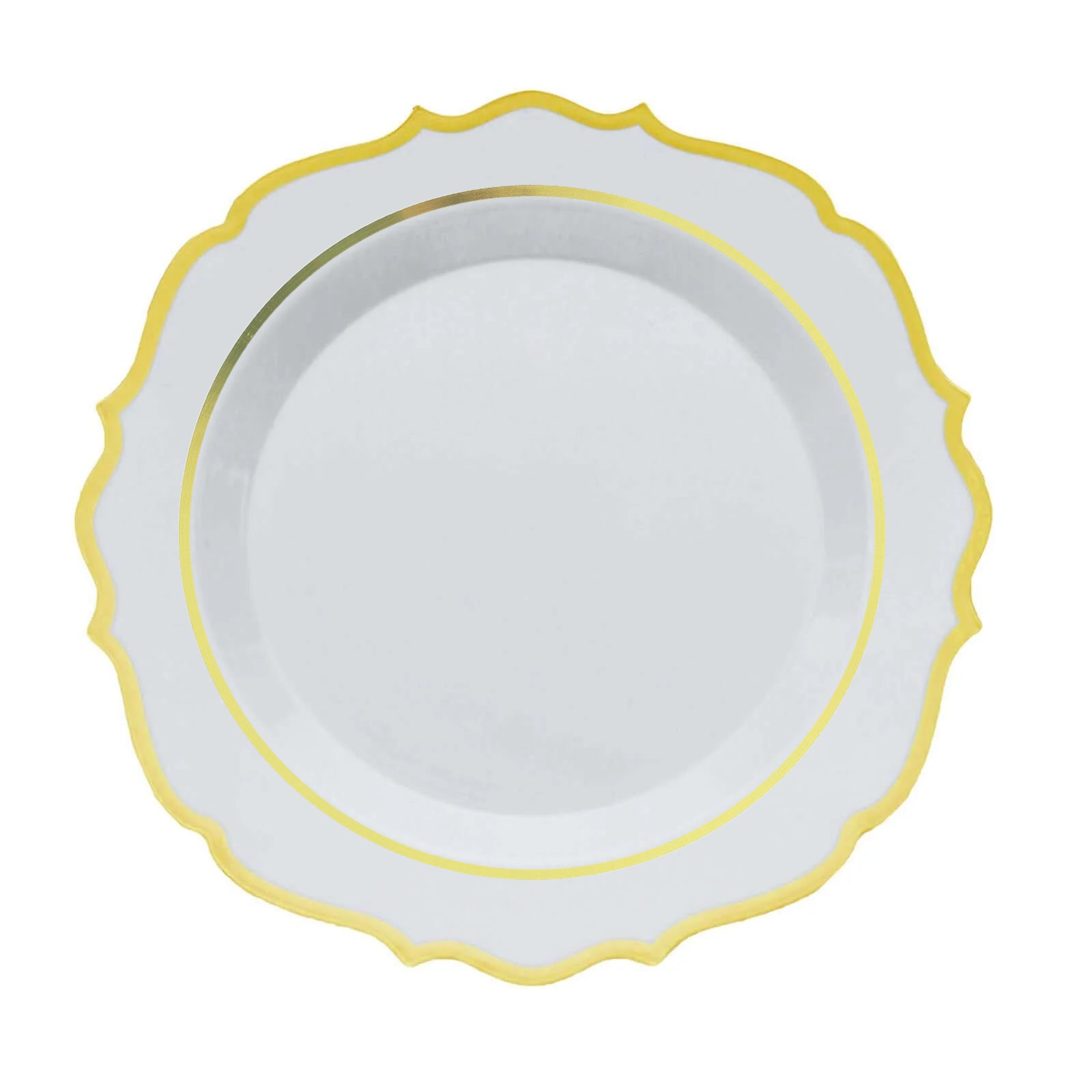 Round White Plastic Dinner Plates 10 Inch Disposable 10 Pack With Gold Scalloped Rim#whtbkgd