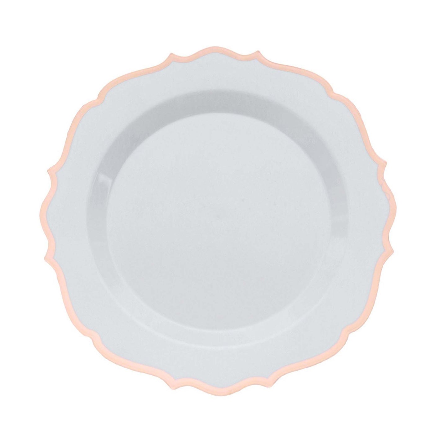 10 Pack 8" White Plastic Dessert Salad Plates, Disposable Tableware Round With Rose Gold Scalloped Rim