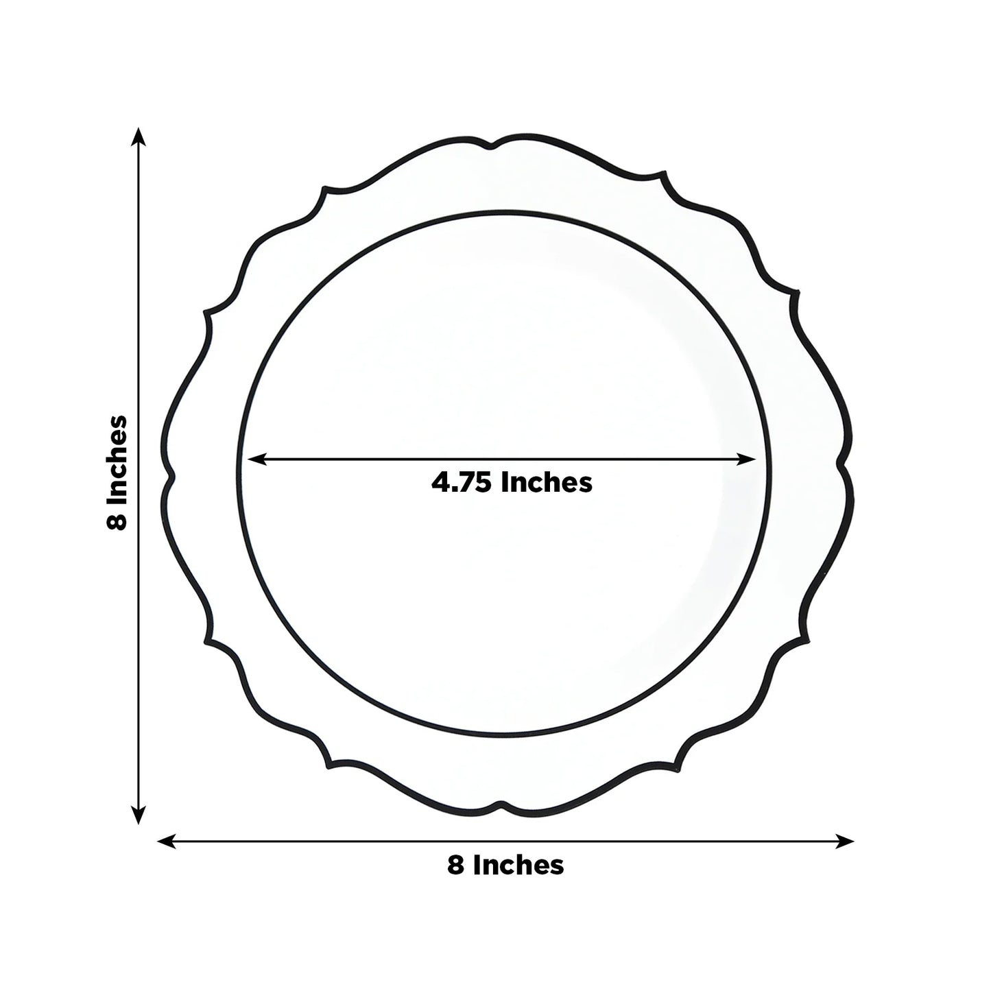10-Pack Plastic 8" Round Dessert Plates in Clear with Black Scalloped Rim - Disposable Appetizer/Salad Plates