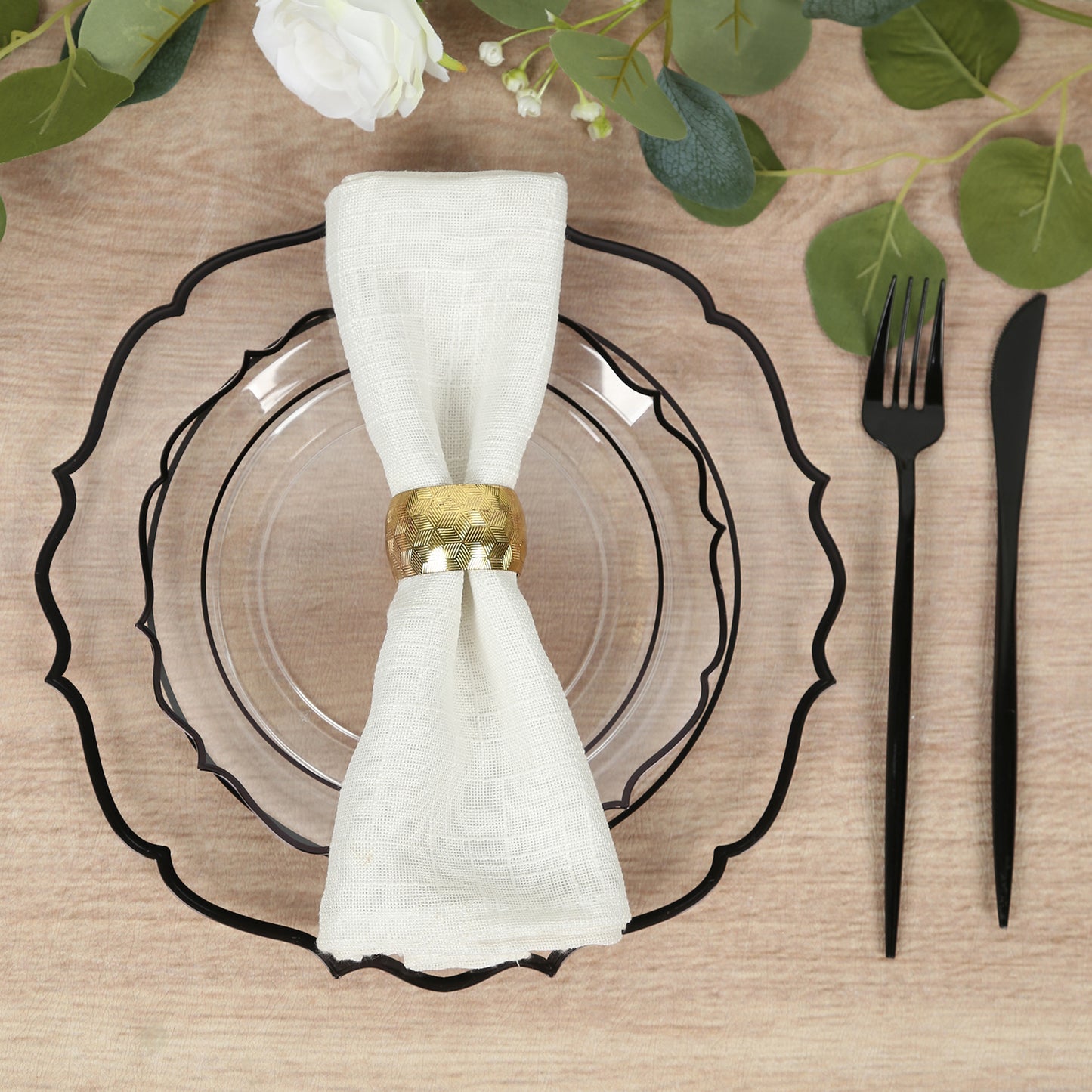 10-Pack Plastic 8" Round Dessert Plates in Clear with Black Scalloped Rim - Disposable Appetizer/Salad Plates