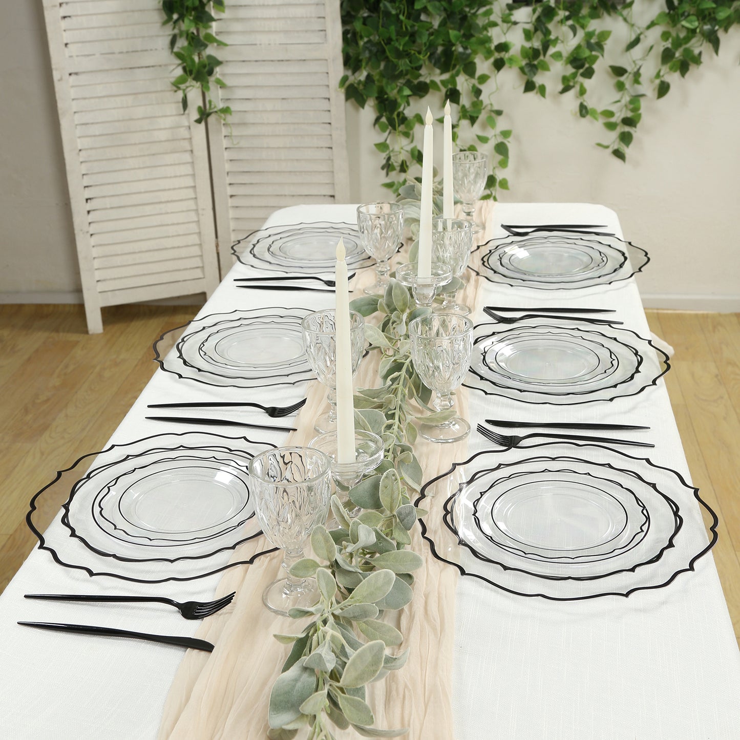 10-Pack Plastic 8" Round Dessert Plates in Clear with Black Scalloped Rim - Disposable Appetizer/Salad Plates