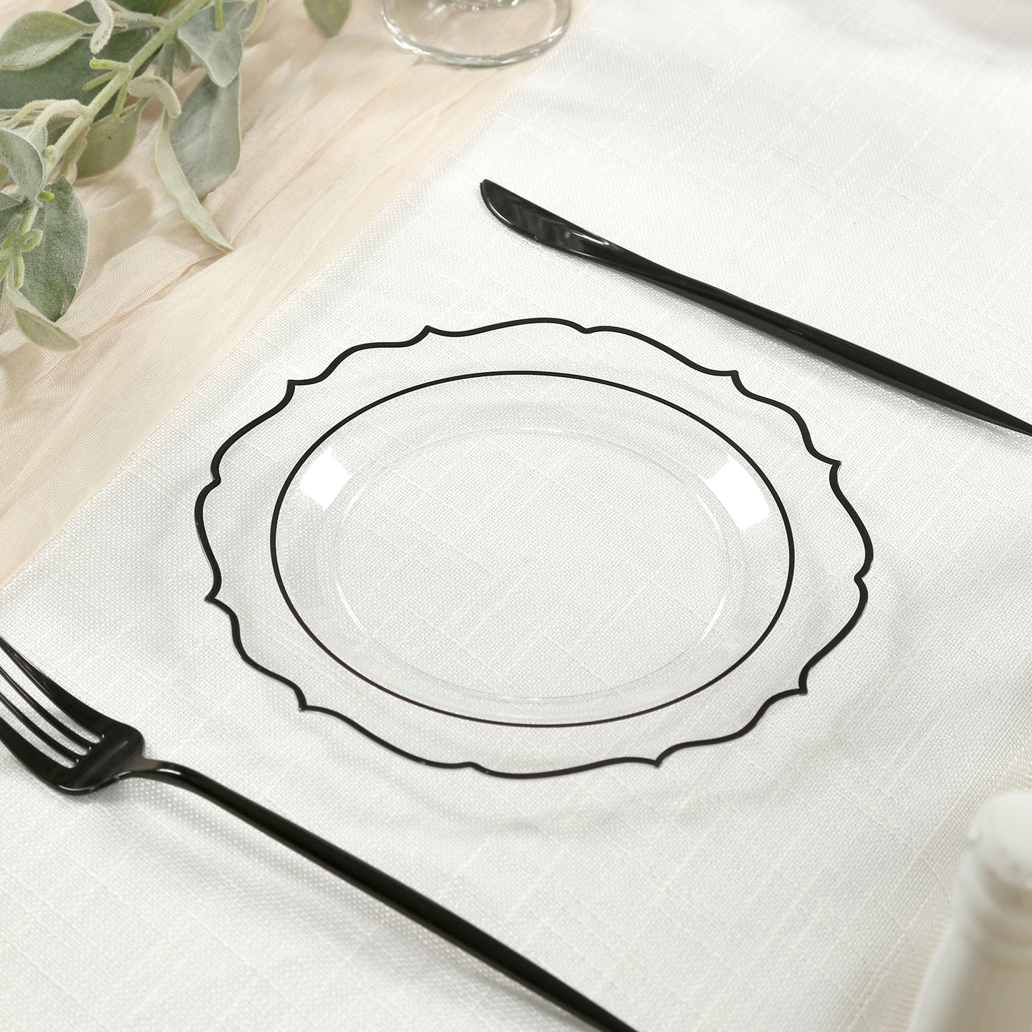 10-Pack Plastic 8" Round Dessert Plates in Clear with Black Scalloped Rim - Disposable Appetizer/Salad Plates