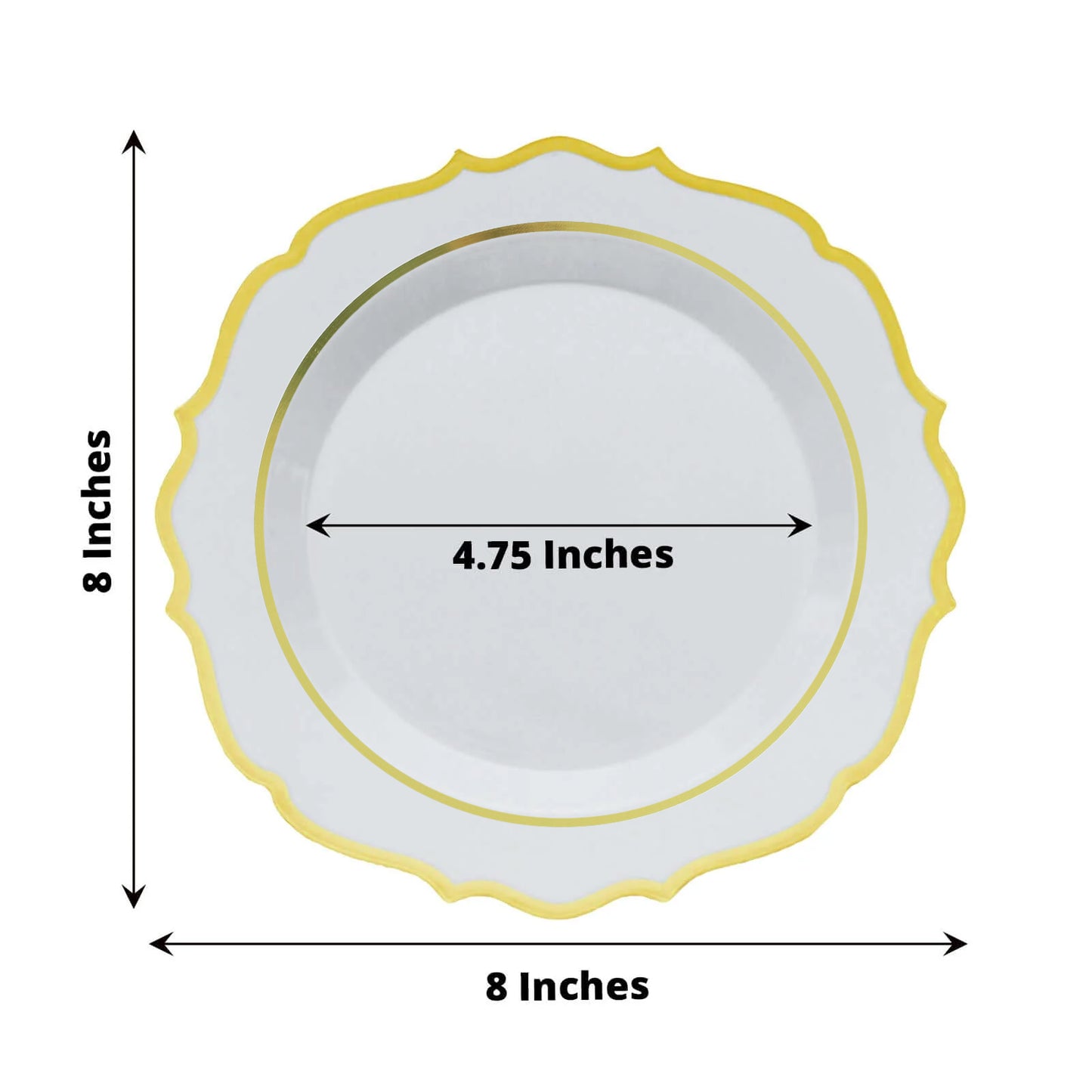 10 Pack | 8" White Plastic Dessert Salad Plates, Disposable Tableware Round With Gold Scalloped Rim