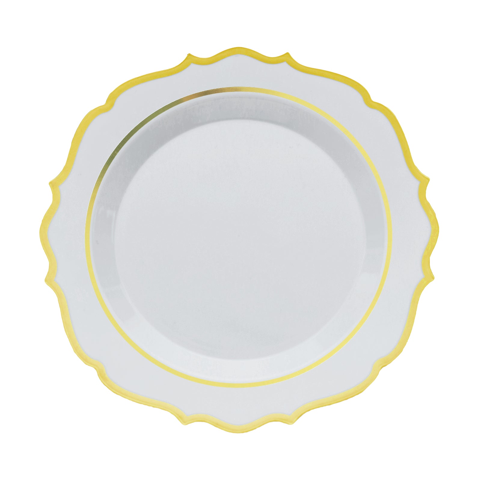 10 Pack Round White Plastic Plates 8 Inch With Gold Scalloped Rim Disposable#whtbkgd