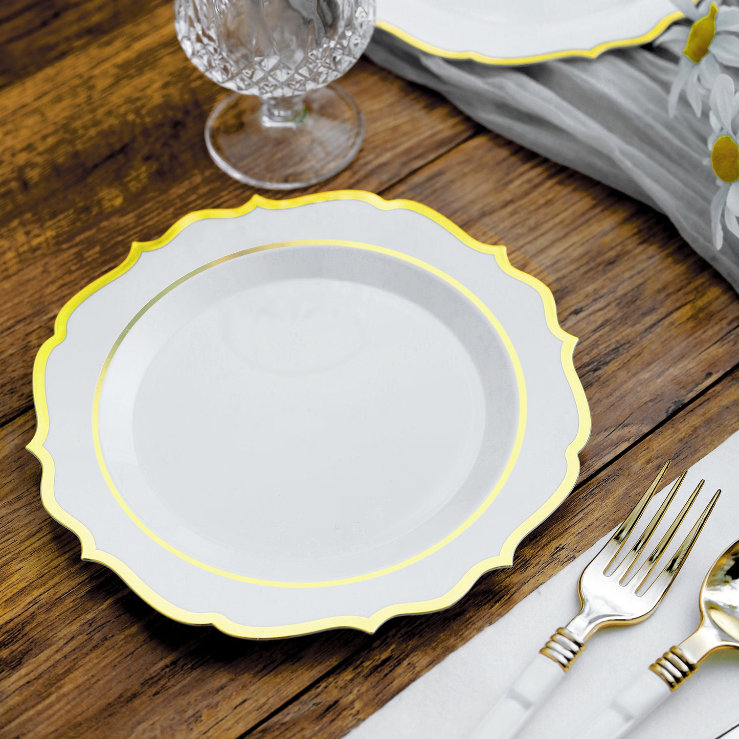 10 Pack | 8" White Plastic Dessert Salad Plates, Disposable Tableware Round With Gold Scalloped Rim