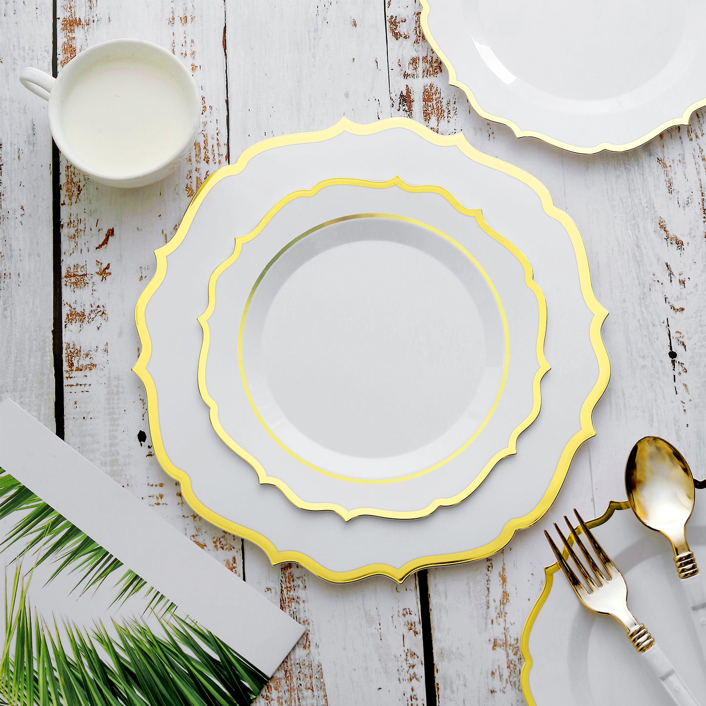 10 Pack | 8" White Plastic Dessert Salad Plates, Disposable Tableware Round With Gold Scalloped Rim