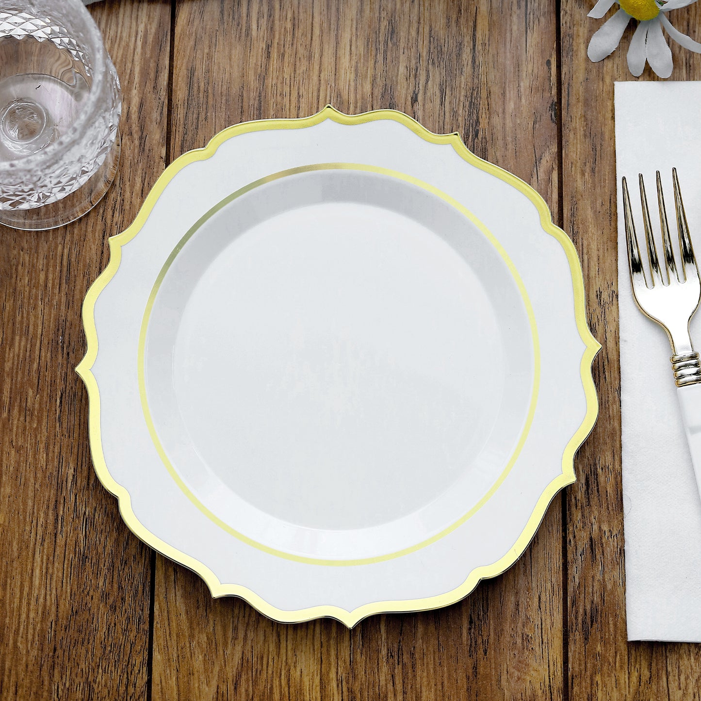 10 Pack | 8" White Plastic Dessert Salad Plates, Disposable Tableware Round With Gold Scalloped Rim