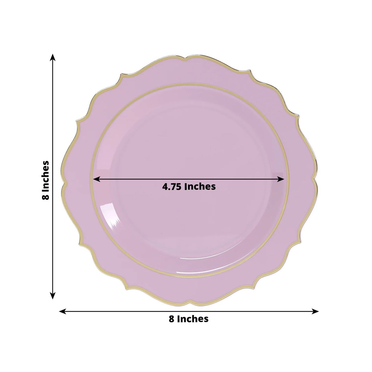 10 Pack 8" Lavender Lilac Plastic Dessert Salad Plates, Disposable Tableware Round With Gold Scalloped Rim