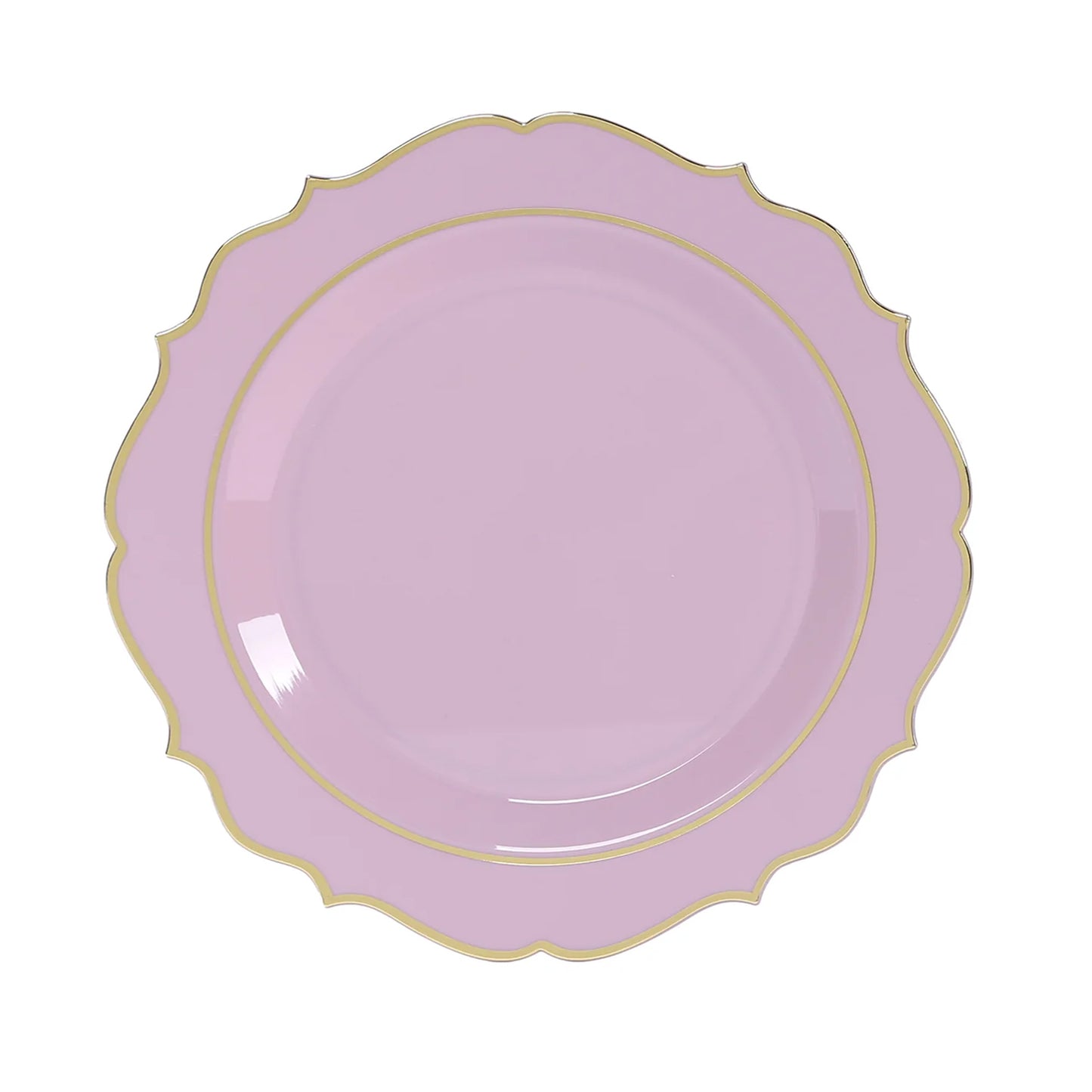 10 Pack 8" Lavender Lilac Plastic Dessert Salad Plates, Disposable Tableware Round With Gold Scalloped Rim