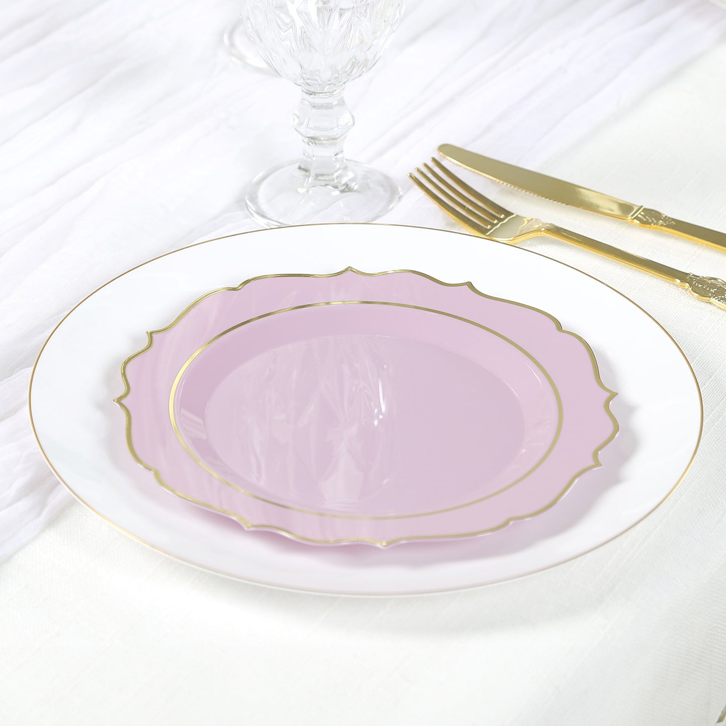 10 Pack 8" Lavender Lilac Plastic Dessert Salad Plates, Disposable Tableware Round With Gold Scalloped Rim