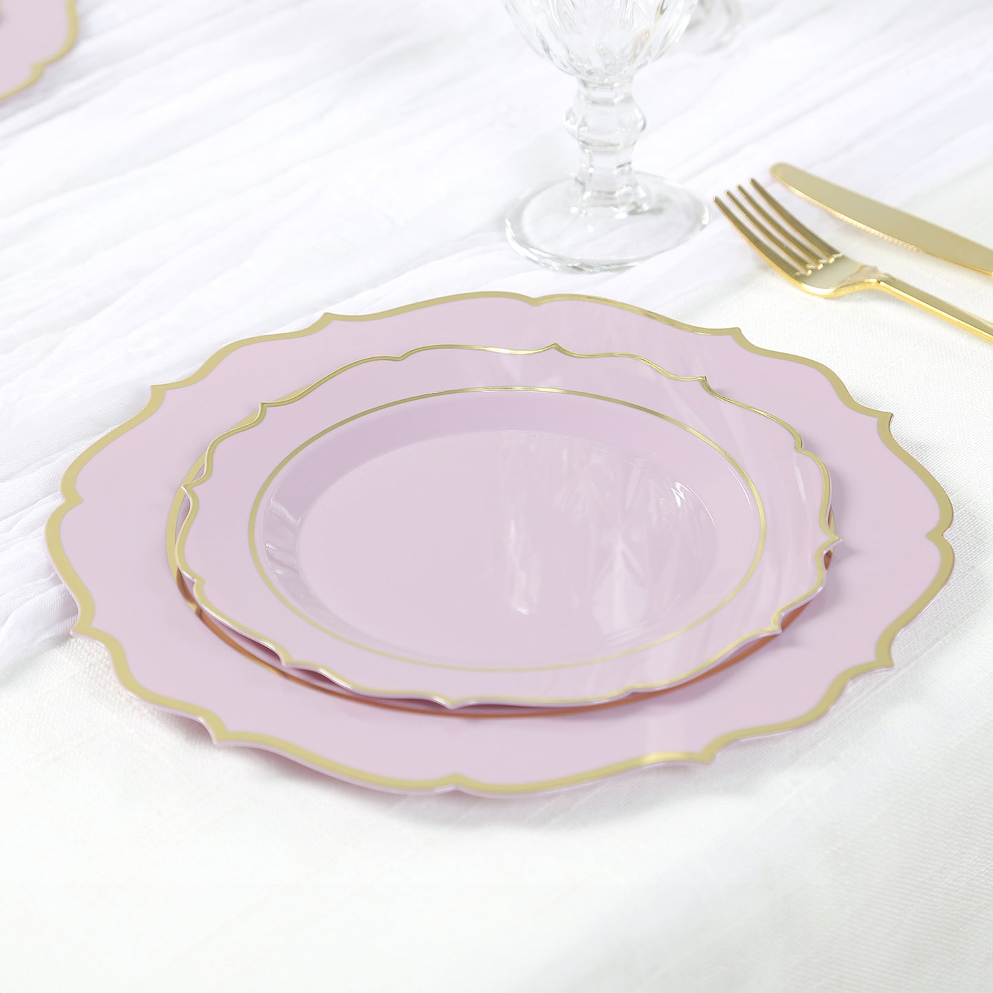 10 Pack 8" Lavender Lilac Plastic Dessert Salad Plates, Disposable Tableware Round With Gold Scalloped Rim