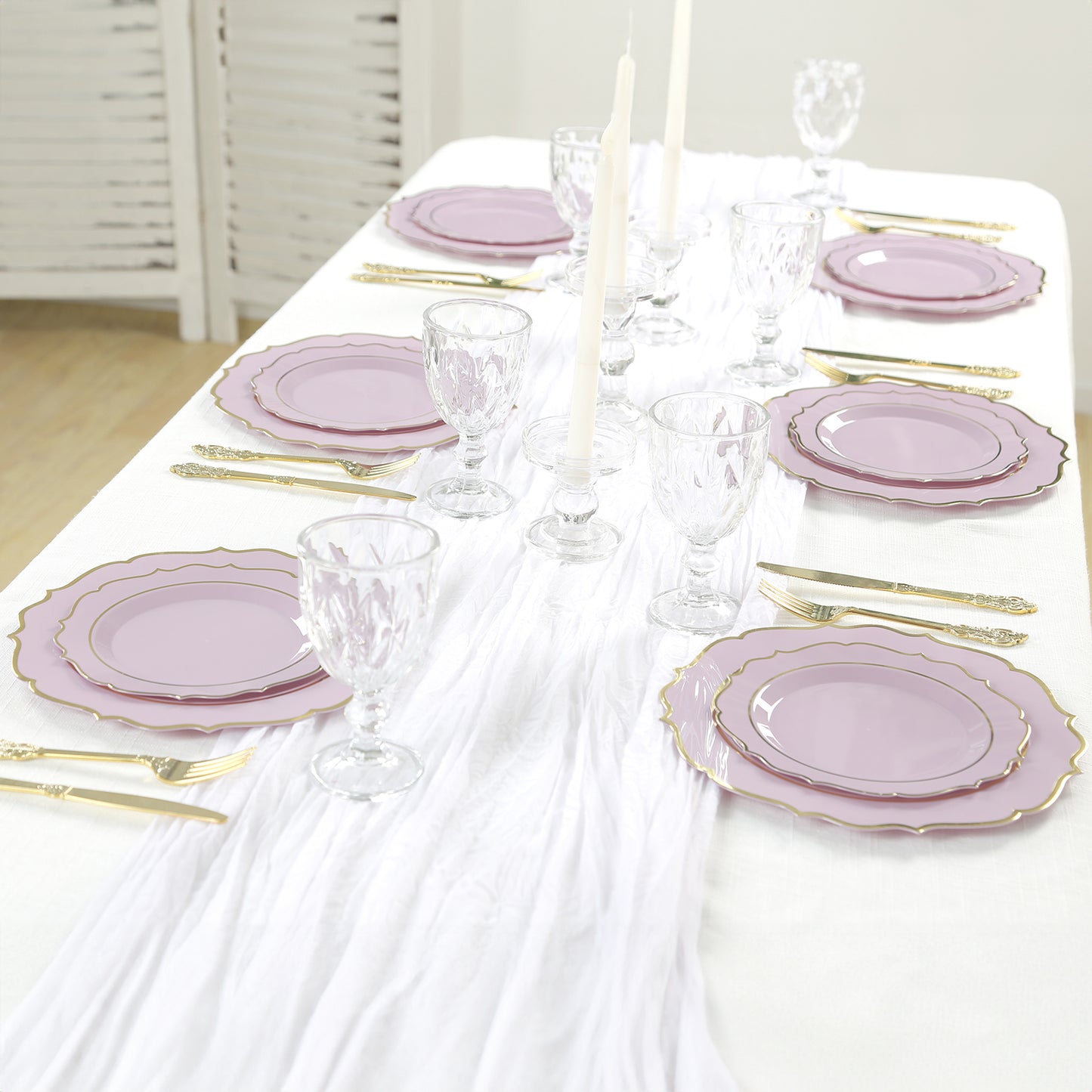 10 Pack 8" Lavender Lilac Plastic Dessert Salad Plates, Disposable Tableware Round With Gold Scalloped Rim