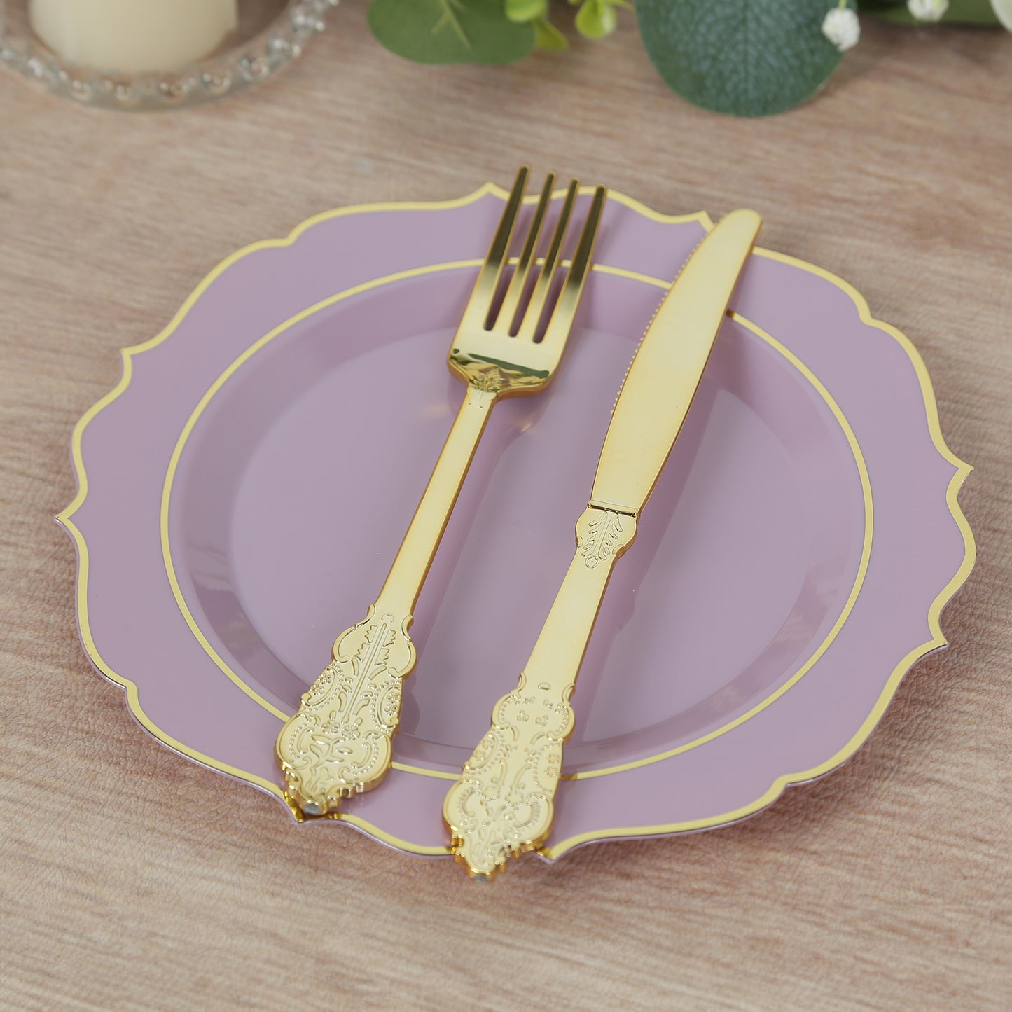 10 Pack 8" Lavender Lilac Plastic Dessert Salad Plates, Disposable Tableware Round With Gold Scalloped Rim