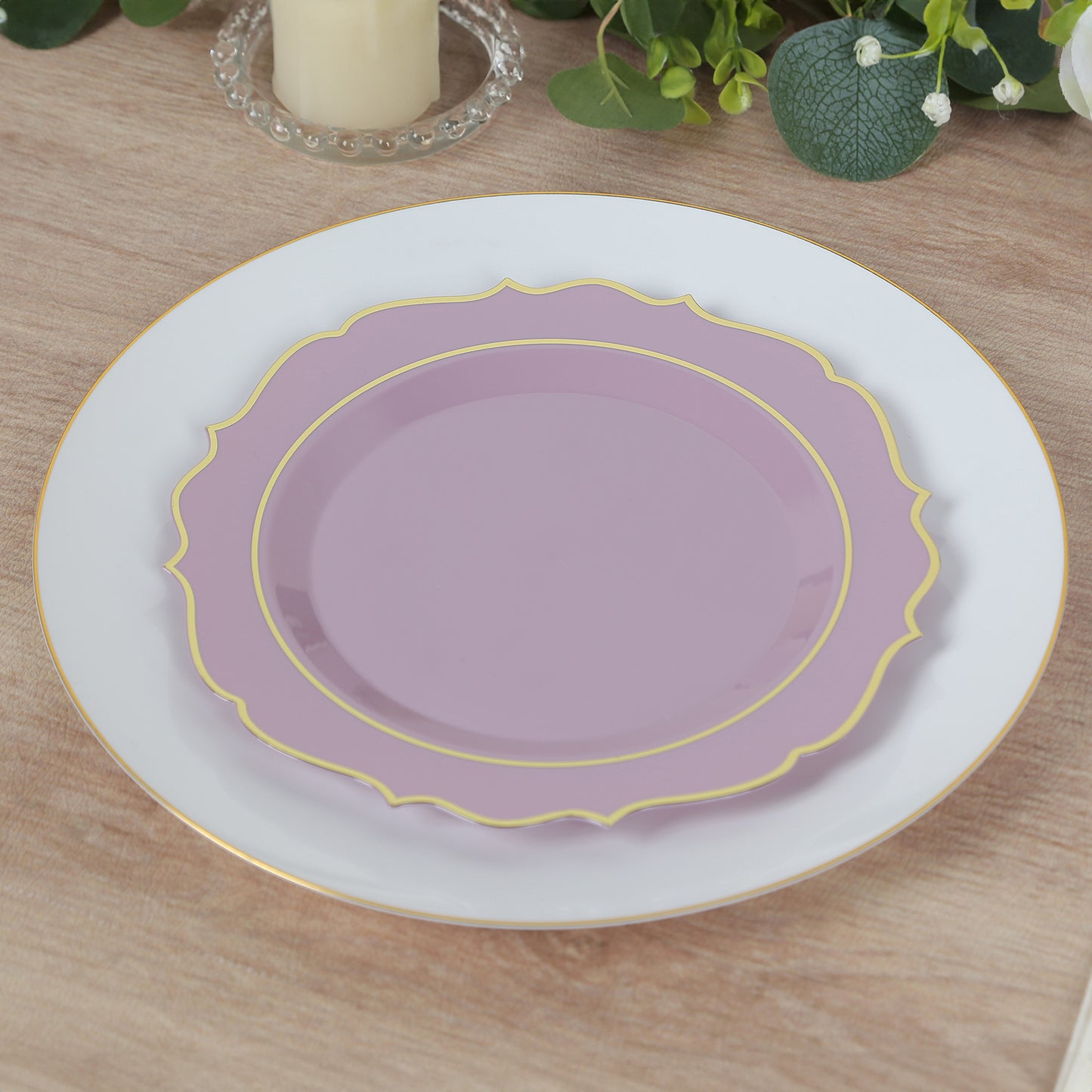 10 Pack 8" Lavender Lilac Plastic Dessert Salad Plates, Disposable Tableware Round With Gold Scalloped Rim