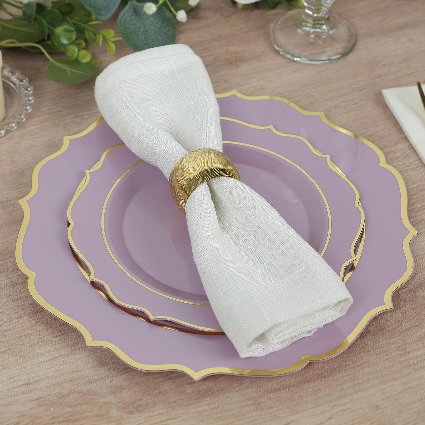 10 Pack 8" Lavender Lilac Plastic Dessert Salad Plates, Disposable Tableware Round With Gold Scalloped Rim