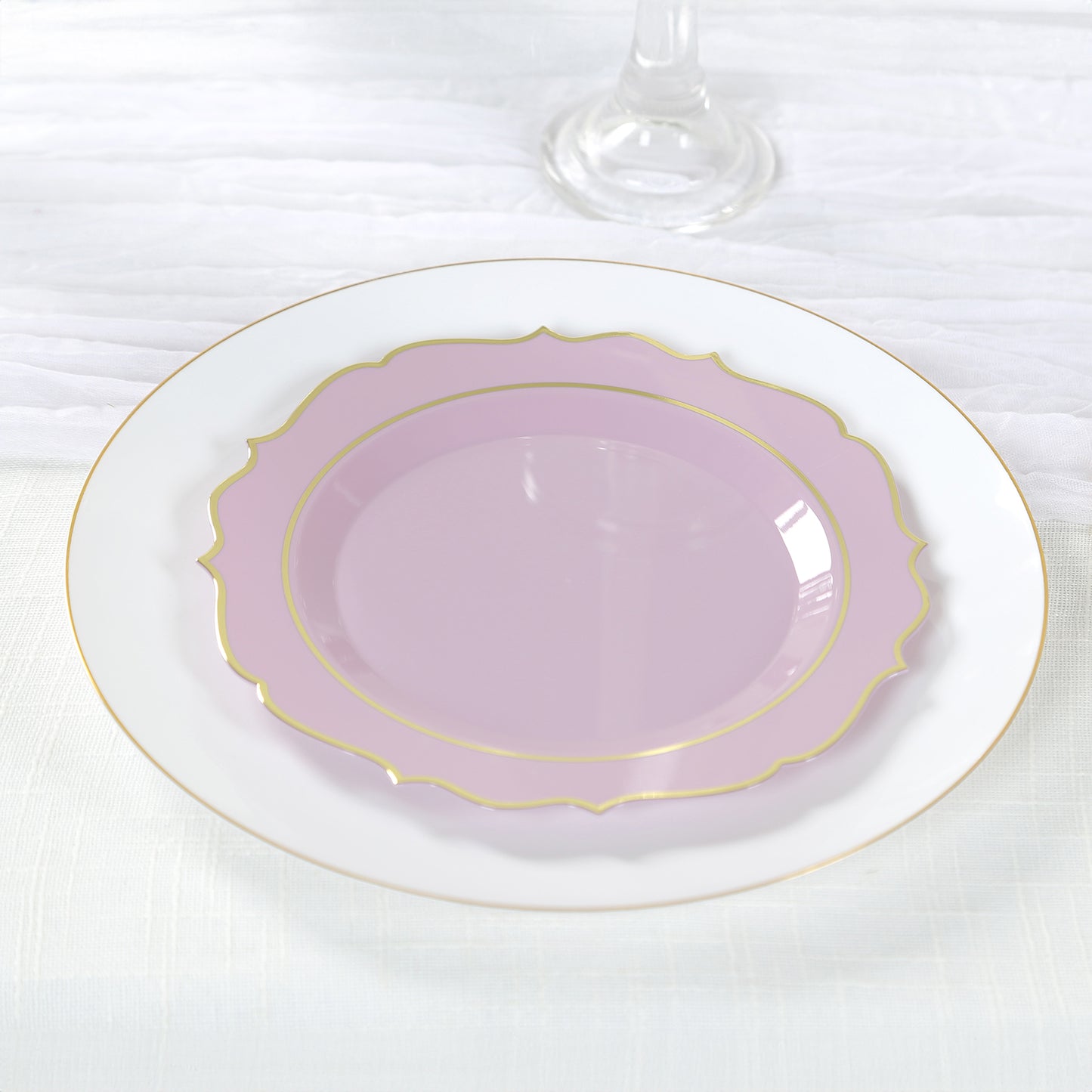 10 Pack 8" Lavender Lilac Plastic Dessert Salad Plates, Disposable Tableware Round With Gold Scalloped Rim