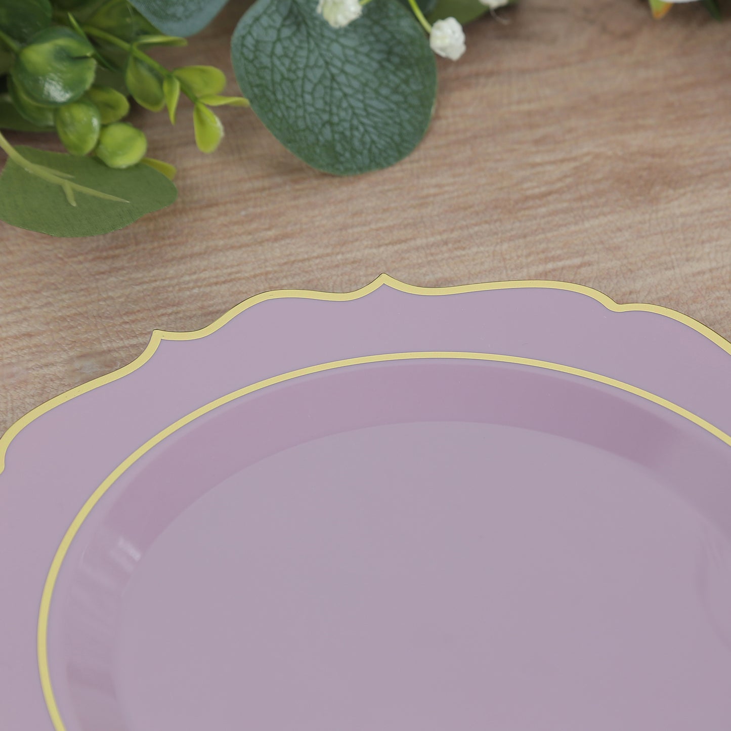 10 Pack 8" Lavender Lilac Plastic Dessert Salad Plates, Disposable Tableware Round With Gold Scalloped Rim