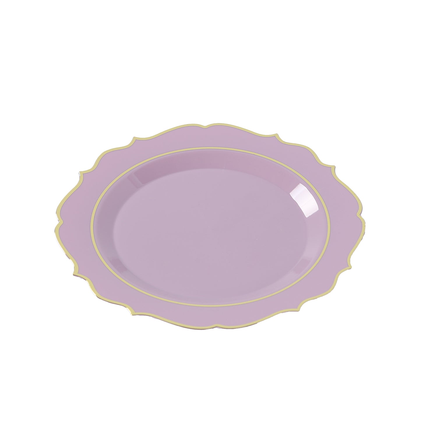 10 Pack 8" Lavender Lilac Plastic Dessert Salad Plates, Disposable Tableware Round With Gold Scalloped Rim