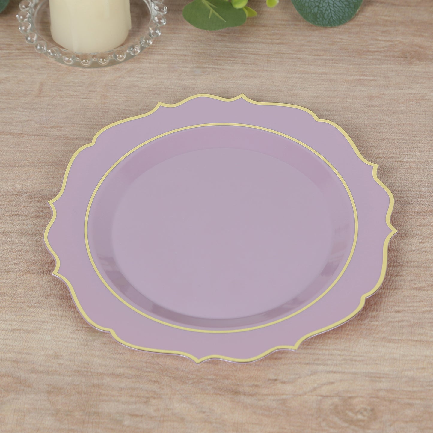 10 Pack 8" Lavender Lilac Plastic Dessert Salad Plates, Disposable Tableware Round With Gold Scalloped Rim