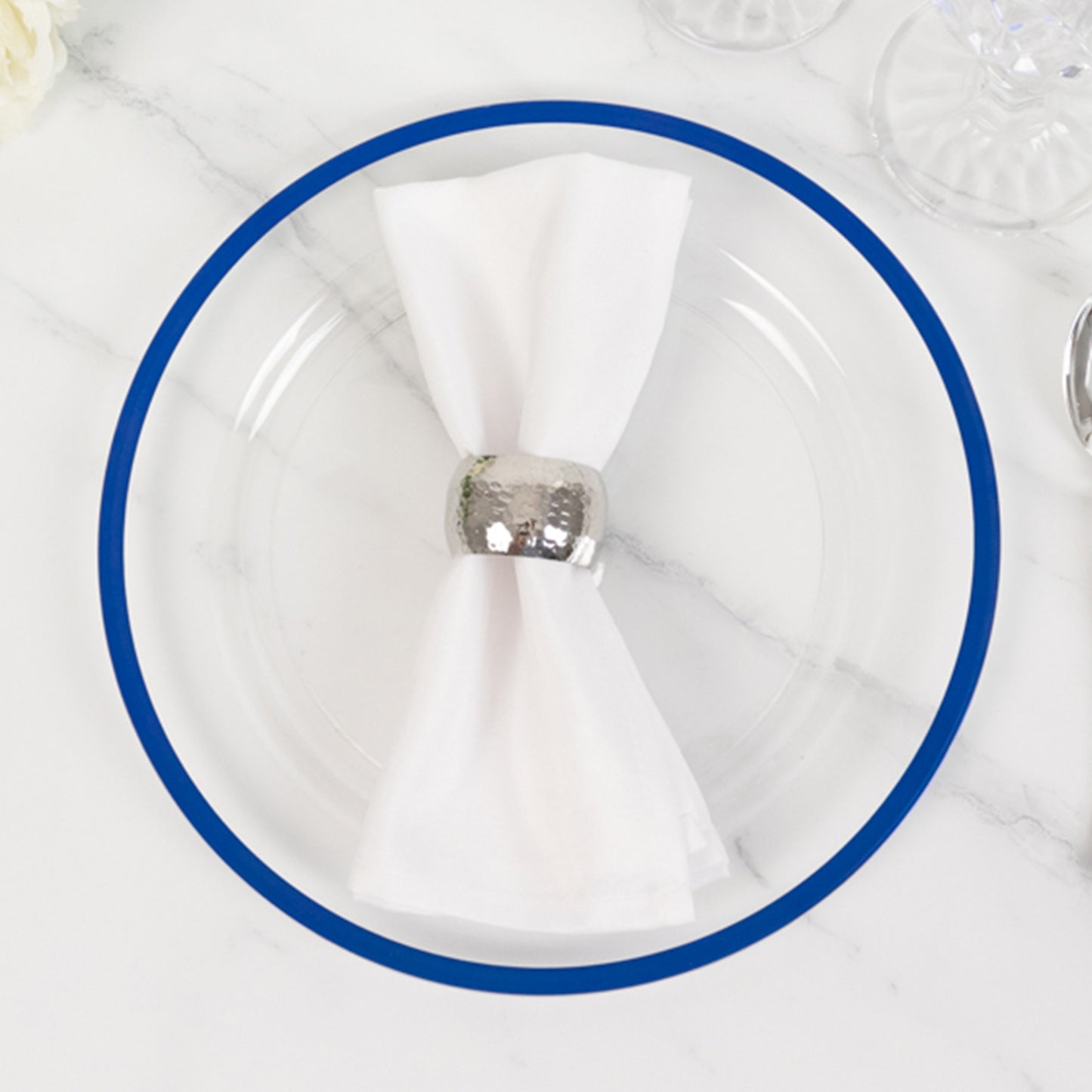 10 Pack Clear Regal Disposable Party Plates With Blue Rim, 10" Round Plastic Dinner Plates