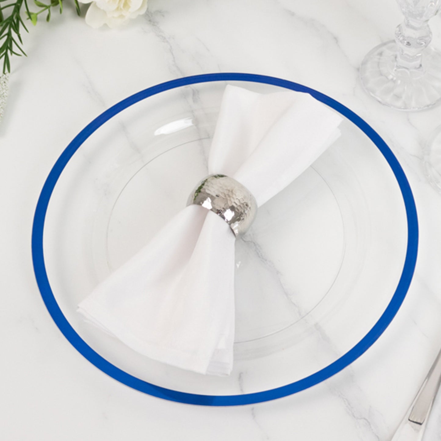 10 Pack Clear Regal Disposable Party Plates With Blue Rim, 10" Round Plastic Dinner Plates