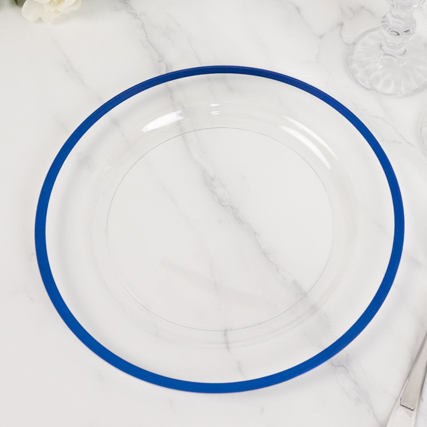 10 Pack Clear Regal Disposable Party Plates With Blue Rim, 10" Round Plastic Dinner Plates