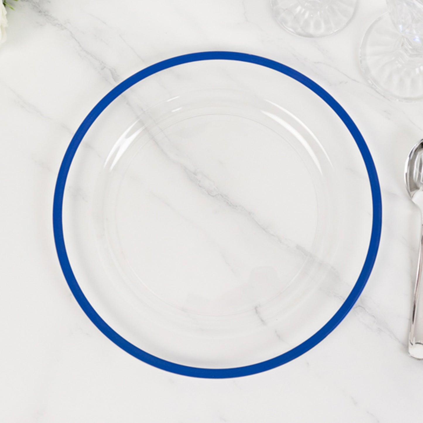10 Pack Clear Regal Disposable Party Plates With Blue Rim, 10" Round Plastic Dinner Plates