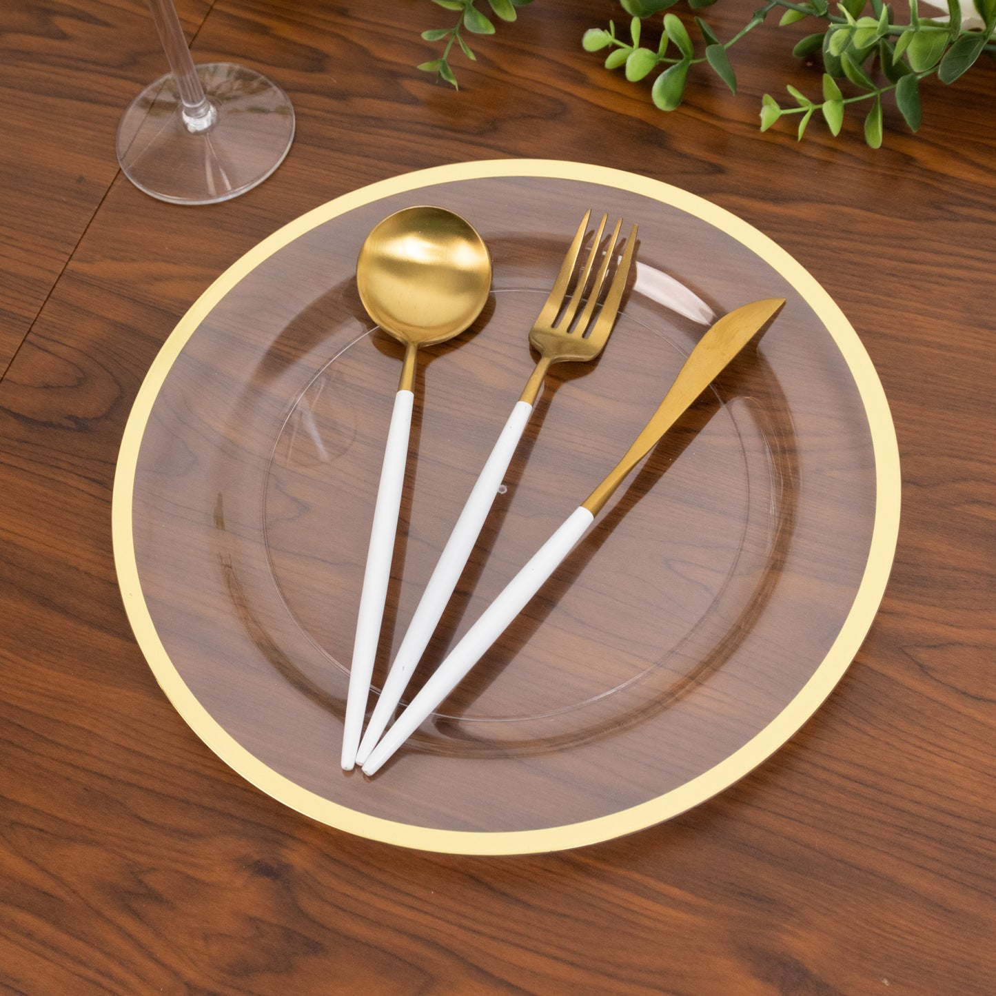 10 Pack Clear Regal Disposable Party Plates With Gold Rim, 10" Round Plastic Dinner Plates