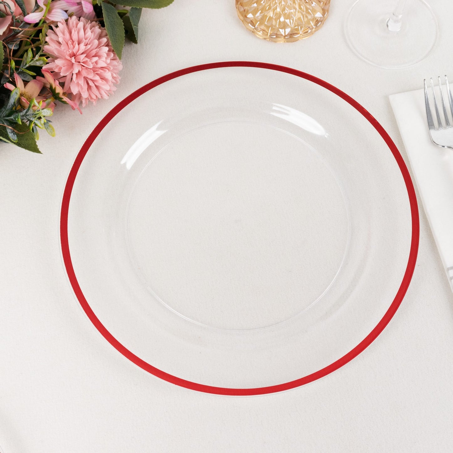 10 Pack Clear Regal Disposable Party Plates With Red Rim, 10" Round Plastic Dinner Plates