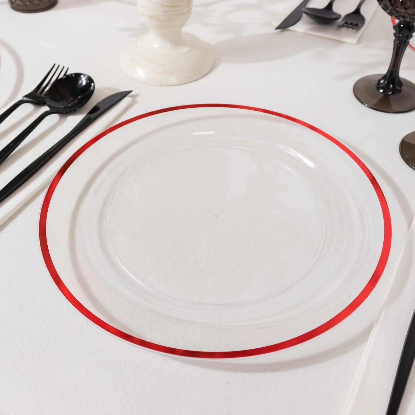 10 Pack Clear Regal Disposable Party Plates With Red Rim, 10" Round Plastic Dinner Plates