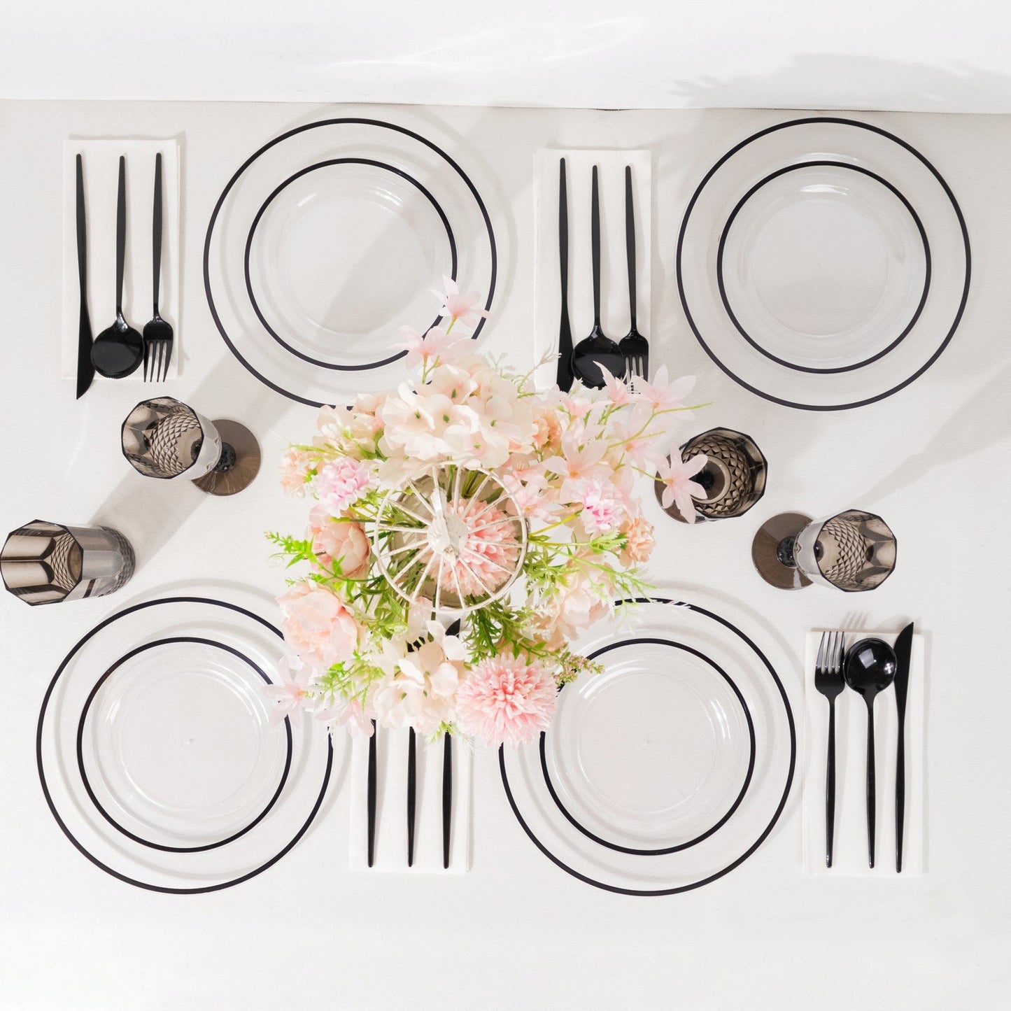 10 Pack Clear Regal Disposable Salad Plates With Black Rim, 7" Round Plastic Appetizer Dessert Plates