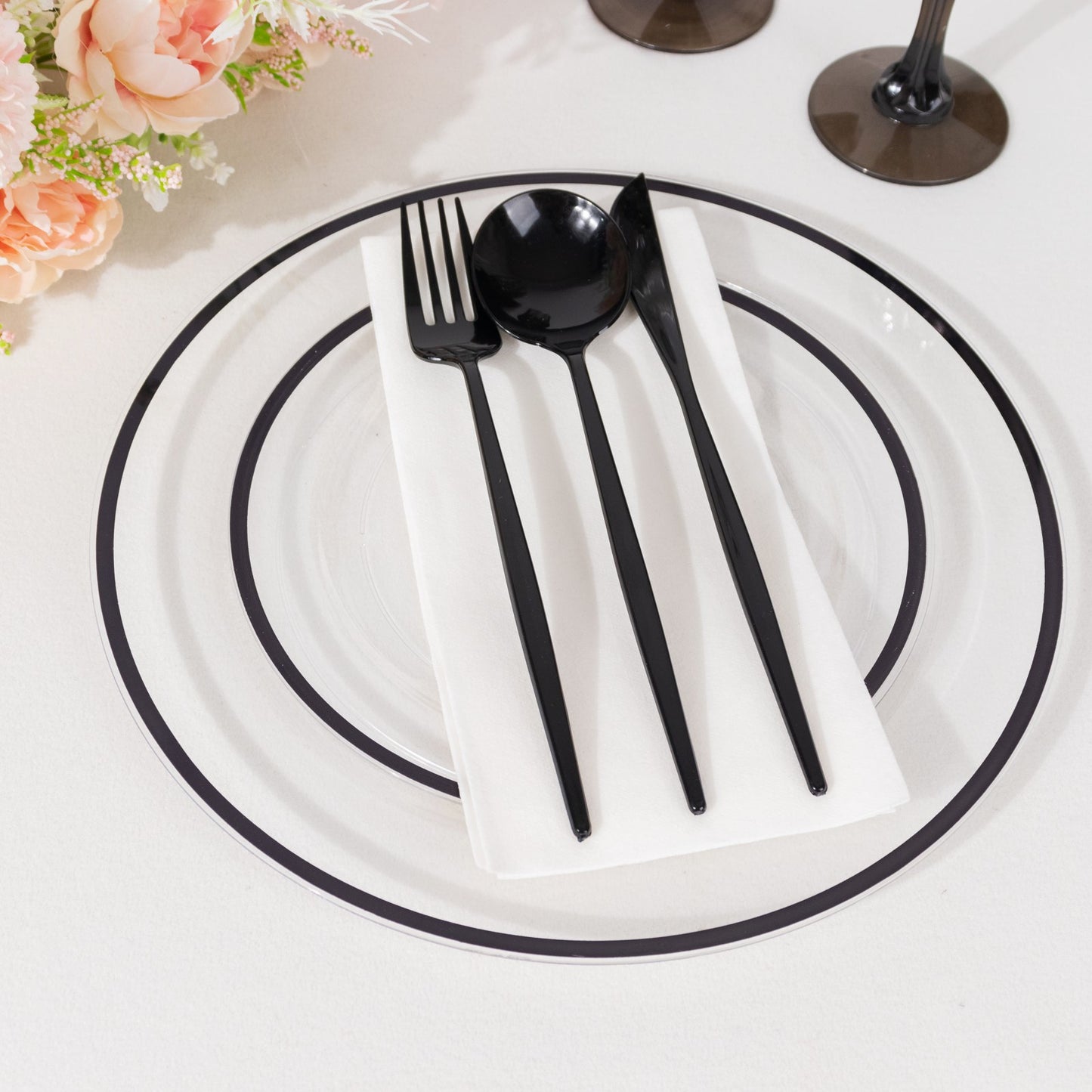 10 Pack Clear Regal Disposable Salad Plates With Black Rim, 7" Round Plastic Appetizer Dessert Plates