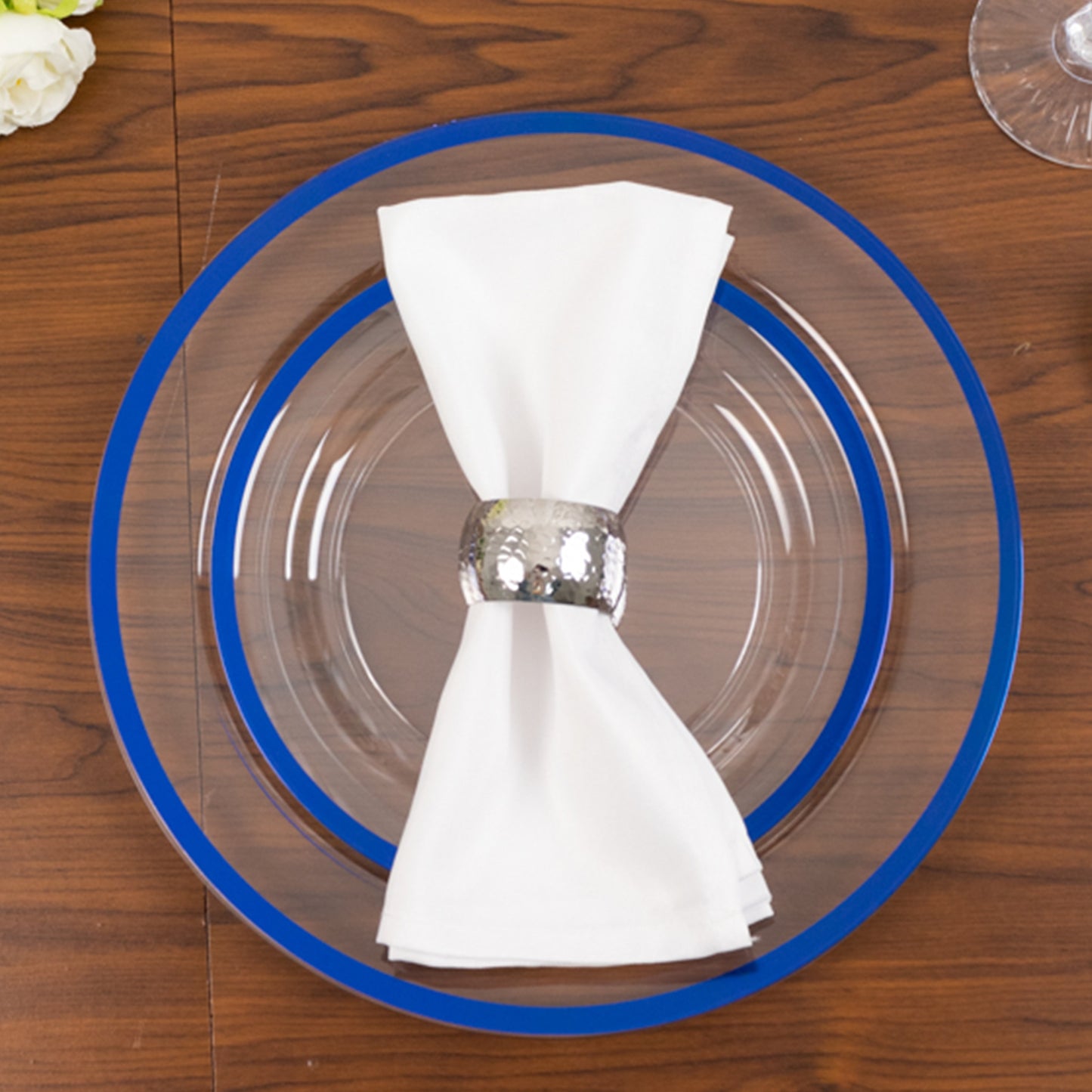 10 Pack Clear Regal Disposable Salad Plates With Blue Rim, 7" Round Plastic Appetizer Dessert Plates