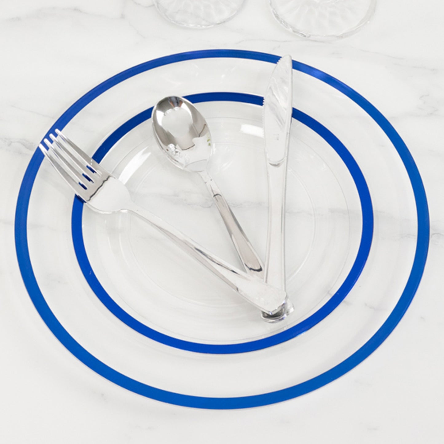 10 Pack Clear Regal Disposable Salad Plates With Blue Rim, 7" Round Plastic Appetizer Dessert Plates