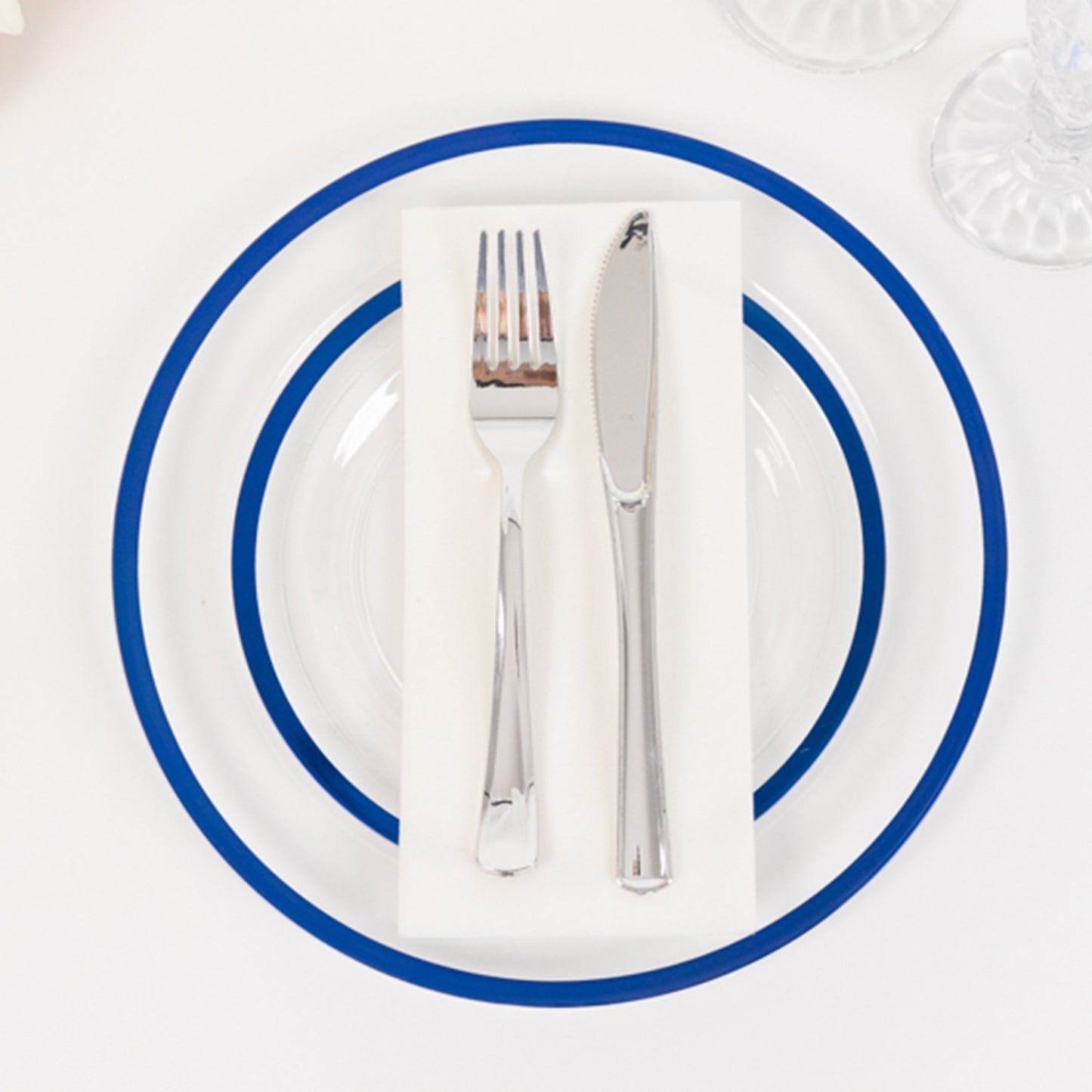 10 Pack Clear Regal Disposable Salad Plates With Blue Rim, 7" Round Plastic Appetizer Dessert Plates